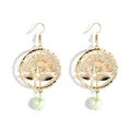 Golden hollow round floral earrings with light green pearl drops on white background - Light Green (HWX1652-3)