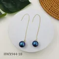 Eleganti orecchini pendenti dorati con perle sfumate blu scuro e catenine lunghe e sottili - Stile Sfumato Blu-Viola (HWX944-18)
