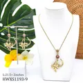 Parure de bijoux dorés fleurs et raies avec perles brunes et collier ajustable - Style Perle Brune Fleur (HWXS1193-9)