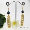Golden drop earrings with purple bead and hollow pattern rectangle in variant gold finish - Purple Pearl Style (HWX971-1)