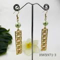 Elegant gold clover earrings featuring green shell pearls and rectangular cutouts - Light Green Pearl Style (HWX971-3)
