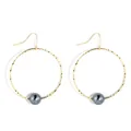 Minimalist gold hammered hoop earrings with dark grey pearl charms on white background - Gold with Dark Gray Pearl