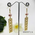 Pink pearl earrings with hollow clover pendant in golden finish on white background - Pink Purple Pearl Style (HWX971-6)