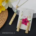 Hawaiian gold frangipani jewelry set with rectangular pendants and mint green pearls - Mint Green Pearl Style (HWNX9316-3)