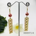 Gold hollow clover earrings with burgundy bead and long pendant in retro vintage style - Maroon Pearl Style (HWX971-8)