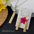 Hawaiian gold frangipani flower jewelry set with rectangular pendants and pink pearls - Pink Pearl Style (HWNX9316-6)
