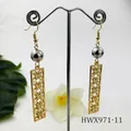 Golden drop earrings with grey pearl and rectangular hollow floral pattern charms - Gray Silver Pearl Style (HWX971-11)