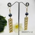 Golden drop earrings with black pearl and hollow floral pendant in a stylish jewelry set - Black Pearl Style (HWX971-12)