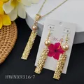 Hawaiian frangipani jewelry set with necklace and drop earrings in gold and pearls - Champagne Pearl Style (HWNX9316-7)