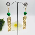Elegant gold drop earrings with green pearl and clover filigree rectangular pendants - Emerald Green Pearl Style (HWX971-26)