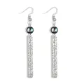 Macro detail of silver drop earrings with iridescent shell pearl and scrolled metal bar - Dark Gray Pearl Style(HWX1655-1)
