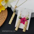 Hawaiian gold floral jewelry set with dark green pearls necklace and drop earrings - Dark Green Bead Style (HWNX9316-10)