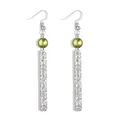 Detail of silver drop earrings featuring olive green bead and engraved vine patterns - Olive Green Pearl Style(HWX1655-5)