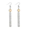 Detail view of silver drop earrings with floral embossed bars and champagne pearls - Champagne Pearl Style(HWX1655-7)