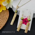 Hawaiian Frangipani necklace and earrings set with green beads and floral engraving - Green Bead Style (HWNX9317-5)
