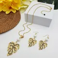 Tropical monstera leaf jewelry set in gold alloy with white pearls and black enamel finish - Pure White Pearl Style (HWNX9484-15)