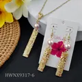 Hawaiian flower jewelry set with gold rectangle pendants and pink pearls - Pink Pearl Accented (HWNX9317-6)