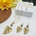 Tropical monstera leaf jewelry set with gold necklace and earrings featuring green beads - Dark Green Pearl Style (HWNX9484-17)