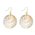 Multi-layered gold hollow round earrings with champagne pearl in elegant drop style - Gold with Champagne Artificial Pearl (HWX1467-7)