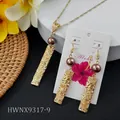 Hawaiian gold plumeria flower jewelry set with long bar pendants and dark brown pearls - Dark Coffee Pearl Inlaid (HWNX9317-9)