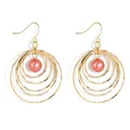 Golden multi-layer openwork circle earrings with a pink pearl drop pendant - Gold with Hot Pink Artificial Pearl (HWX1467-8)