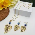 Hawaiian gold Monstera leaf jewelry set with iridescent blue pearls and earrings - Deep Blue Purple Pearl Style (HWNX9484-18)