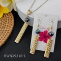 Hawaiian frangipani jewelry set with golden rectangle pendants and iridescent beads - Dark Iridescent Bead Style (HWNX9318-1)