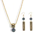 Hawaiian Samoa totem jewelry set with green pearl pendant and drop earrings in gold finish - Magic Dark Green (HWNX9641-1)