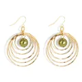 Gold multi-layered circular drop earrings featuring an olive green pearl accent - Gold with Olive Green Artificial Pearl (HWX1467-10)