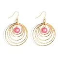 Minimalist gold hoop earrings with layered circles and pink mother-of-pearl bead - Gold with Pink Artificial Pearl (HWX1467-14)