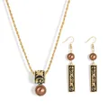 Samoan totem jewelry set with black enamel pendants and brown pearls in gold finish - Brown (HWNX9641-9)