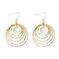 Minimalist gold tiered openwork circle earrings with white pearl dangles for women - Gold with White Artificial Pearl (HWX1467-15)