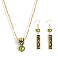 Vintage jewelry set with black enamel Polynesian patterns and olive green pearls - Olive Green (HWNX9641-10)