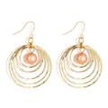 Minimalist gold multi-layered open circle drop earrings with pink mother of pearl shell bead - Gold with Coral Pink Artificial Pearl (HWX1467-16)