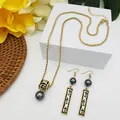 Samoan totem jewelry set with black enamel patterns and grey pearls in golden finish - Pink (HWNX9641-12)
