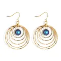 Golden multi-layered circular drop earrings with iridescent blue aurora beads - Gold with Iridescent Blue Artificial Pearl (HWX1467-18)