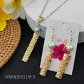 Golden Hawaiian style jewelry set with rectangular floral pendants and green pearls - Light Green Faux Pearl (HWNX9319-3)