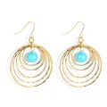Golden multi-ring earrings with sky blue shell pearls in a minimalist geometric design - Gold with Sky Blue Artificial Pearl (HWX1467-21)