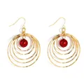 Golden multi-layer concentric hoop earrings with a central deep red bead accent - Gold with Dark Red Artificial Pearl (HWX1467-23)