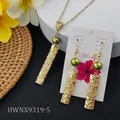 Hawaiian floral jewelry set with green pearl and engraved bar pendant in gold finish - Round Green Bead (HWNX9319-5)