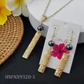 Polynesian style gold flower necklace and earrings set with black beads for summer - Black Bead Engraved (HWNX9320-1)