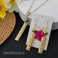 Hawaiian frangipani jewelry set with golden rectangular pendants and olive green pearls - Olive Green Pearl Jewelry (HWNX9320-5)