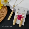 Hawaiian gold floral jewelry set with pink pearls including necklace and earrings - Pink Pearl Metal Engraved (HWNX9320-6)