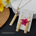 Polynesian style gold flower jewelry set with long bar pendants and faux pearls - Gold Faux Pearl Style (HWNX9320-7)