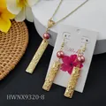Hawaiian style jewelry set with gold rectangle plates and purple pearls for women - Pink Purple Pearl Gold Card (HWNX9320-8)