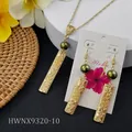 Hawaiian gold necklace and earrings set with dark green pearls and floral engraving - Dark Green Pearl Set (HWNX9320-10)