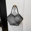 Large gray checkerboard tote bag with V-shaped opening and matching round coin purse - Black
