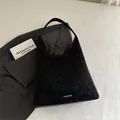Minimalist black matte suede tote bag with white fashion lettering for women - Black