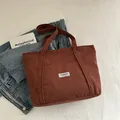 Deep brown corduroy tote bag with white fashion patch and soft vintage texture - Brown