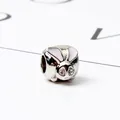 Silver rabbit bead with pink enamel ears and zircon eyes for DIY charm bracelets - Silver Pink